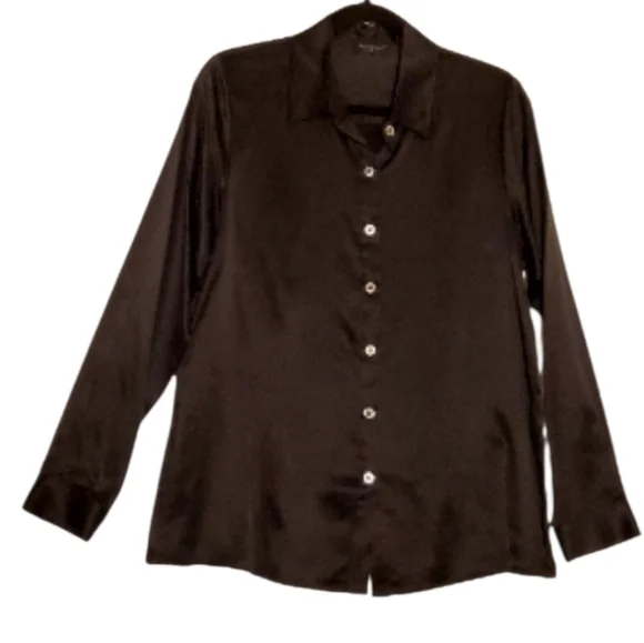 New Slipintosoft Button Down 100% Silk Black Blouse Size Medium Women NWOT - Picture 1 of 9